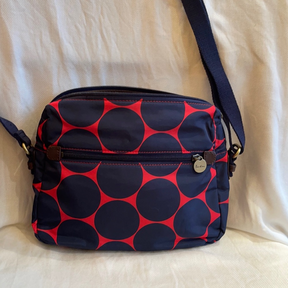Boden crossbody bag. Blue/red polka dot. NWOT